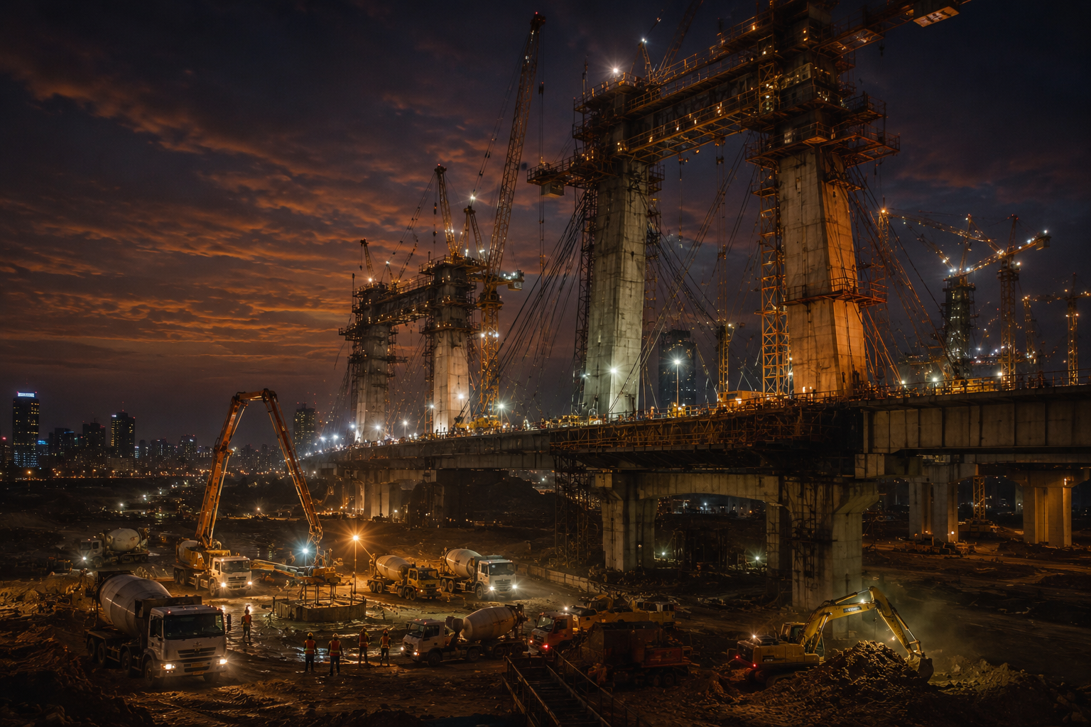 Civil engineering construction site at night